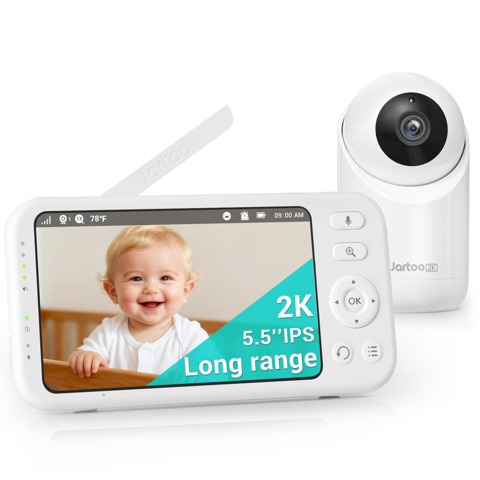Jartoo 2K 5.5-inch monitor displays crisp live video for attentive baby monitoring.