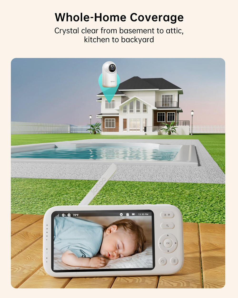 Jartoo long-range no WiFi feed keeps you connected across rooms.