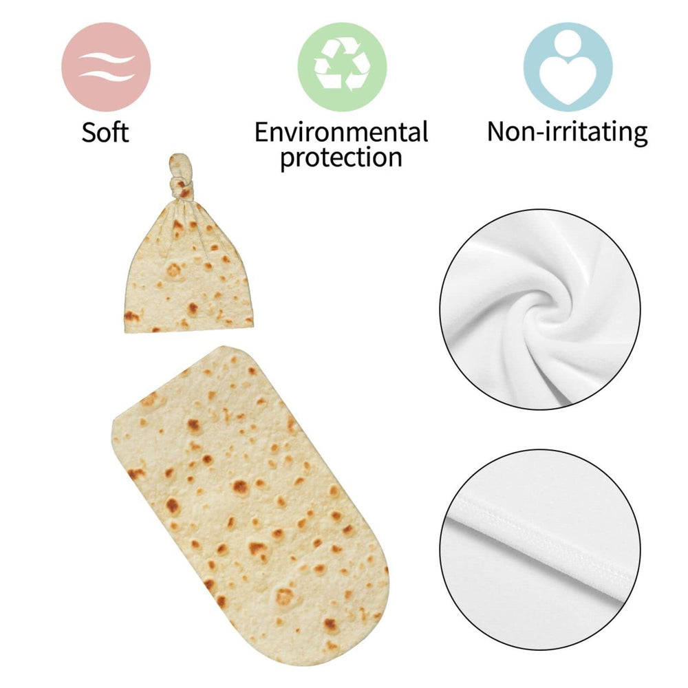 Jarverce Burrito swaddle tortilla close-up on soft fabric, ideal as a thoughtful baby gift.