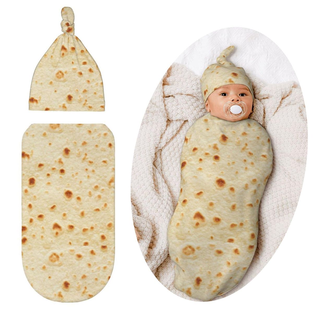 Jarverce Burrito swaddle blanket tortilla pattern close-up, soft cotton texture for cozy newborn naps.