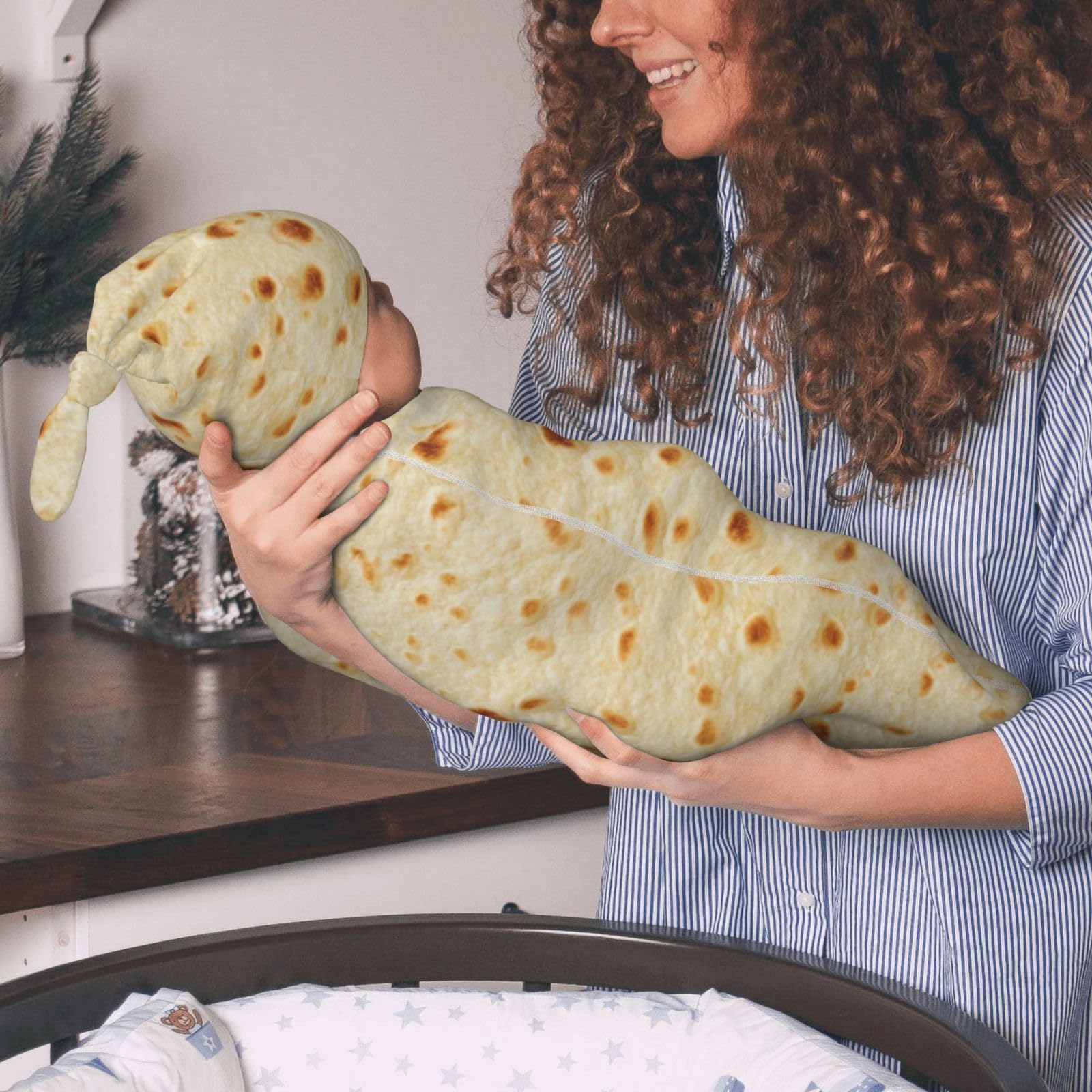 Jarverce Burrito swaddle blanket with tortilla pattern, cuddle-friendly warmth for 0–6 month babies.