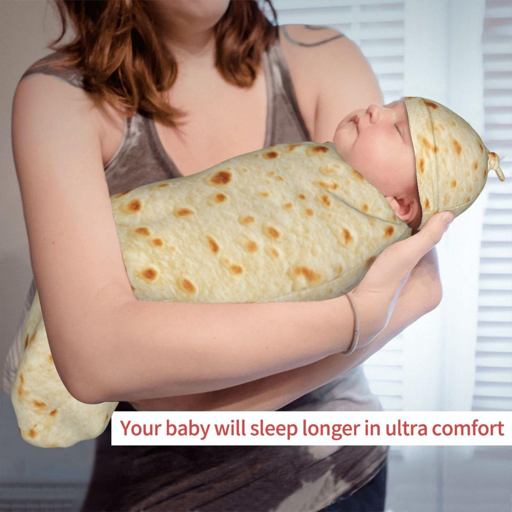 Jarverce burrito swaddle with tortilla motif, cozy during outfit changes.