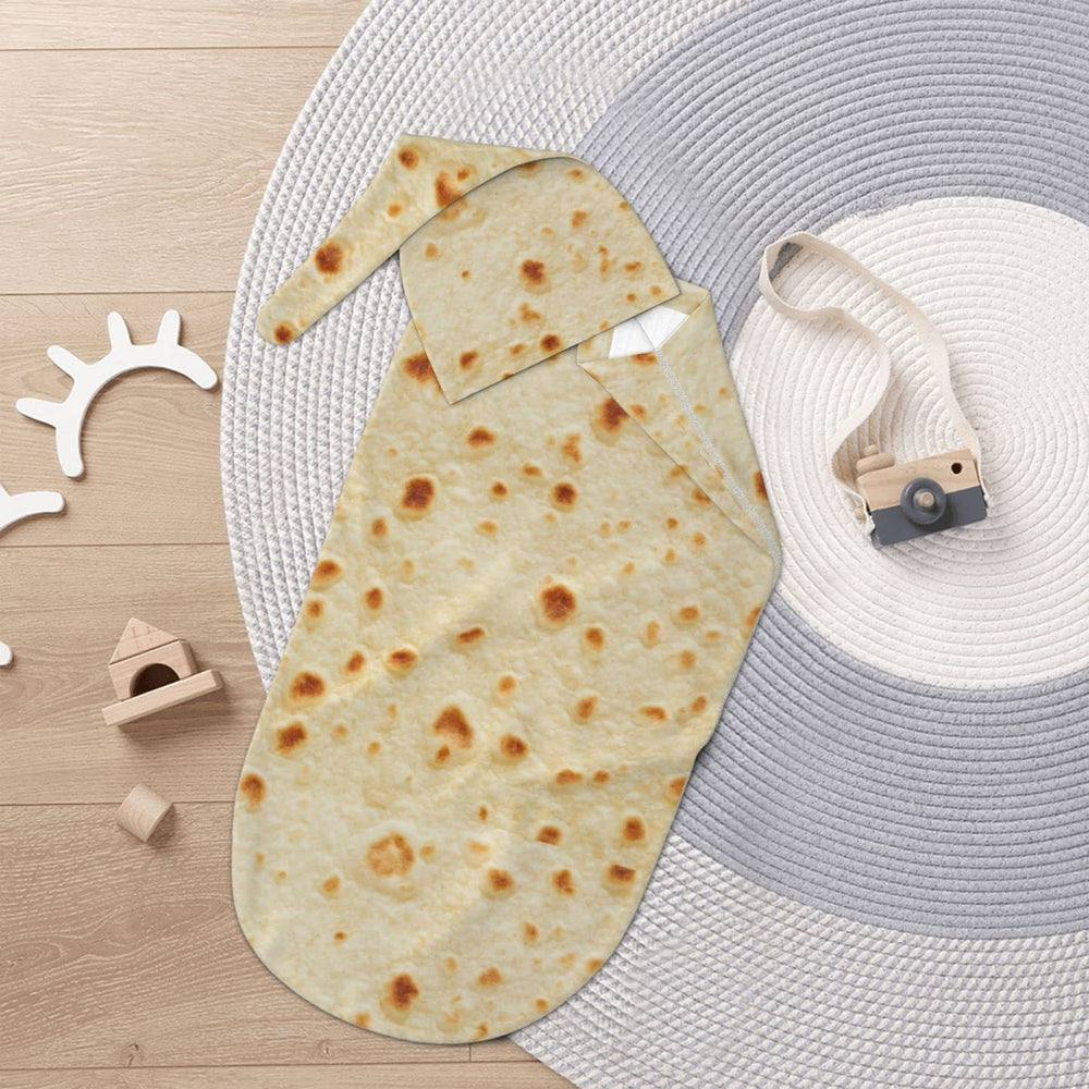 Tortilla-pattern burrito swaddle with hat, snug wrap for calm babies.