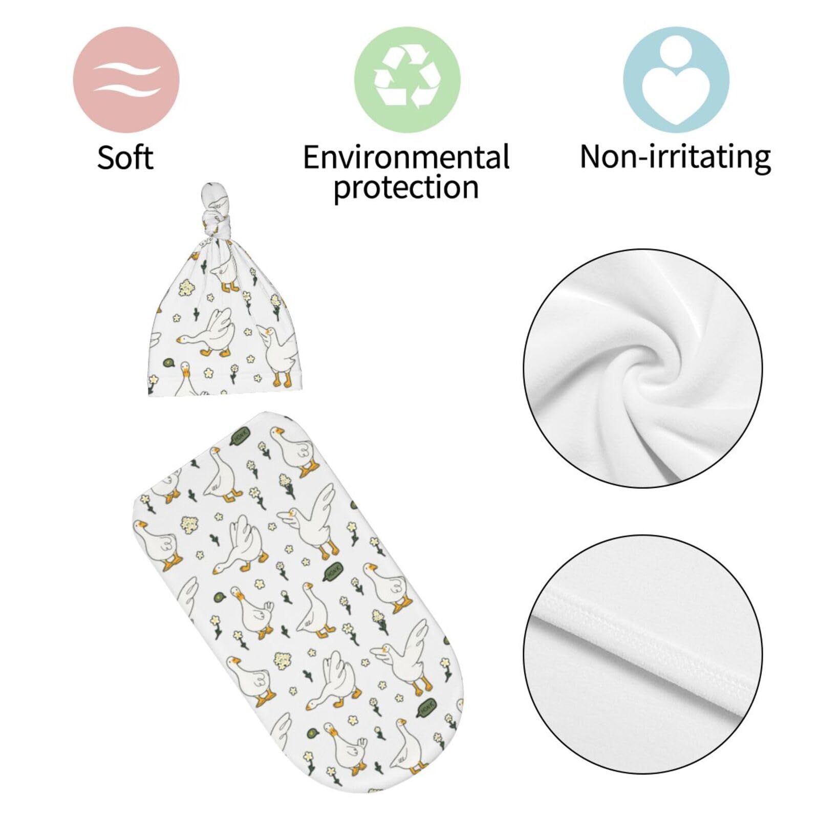 Jarverce Goose Swaddle Blanket packaging highlights easy-care polyester that dries quickly.