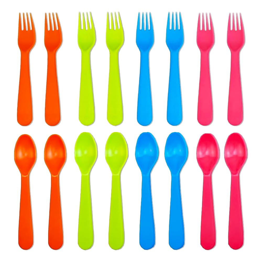 Jawbush 16-piece kids plastic silverware set in blue, ideal for school lunches.