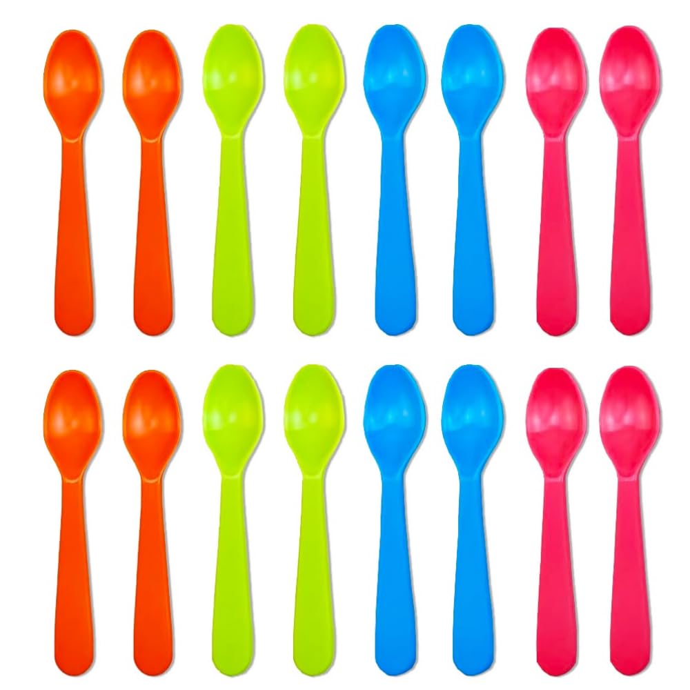 Jawbush 16 Pcs Kids Plastic Spoons in bright colors, BPA-free and ideal for school lunches.