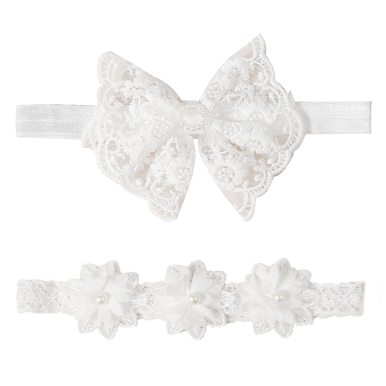 Jawfait baby headband with white flowers, gentle stretch for all-day comfort at christenings.