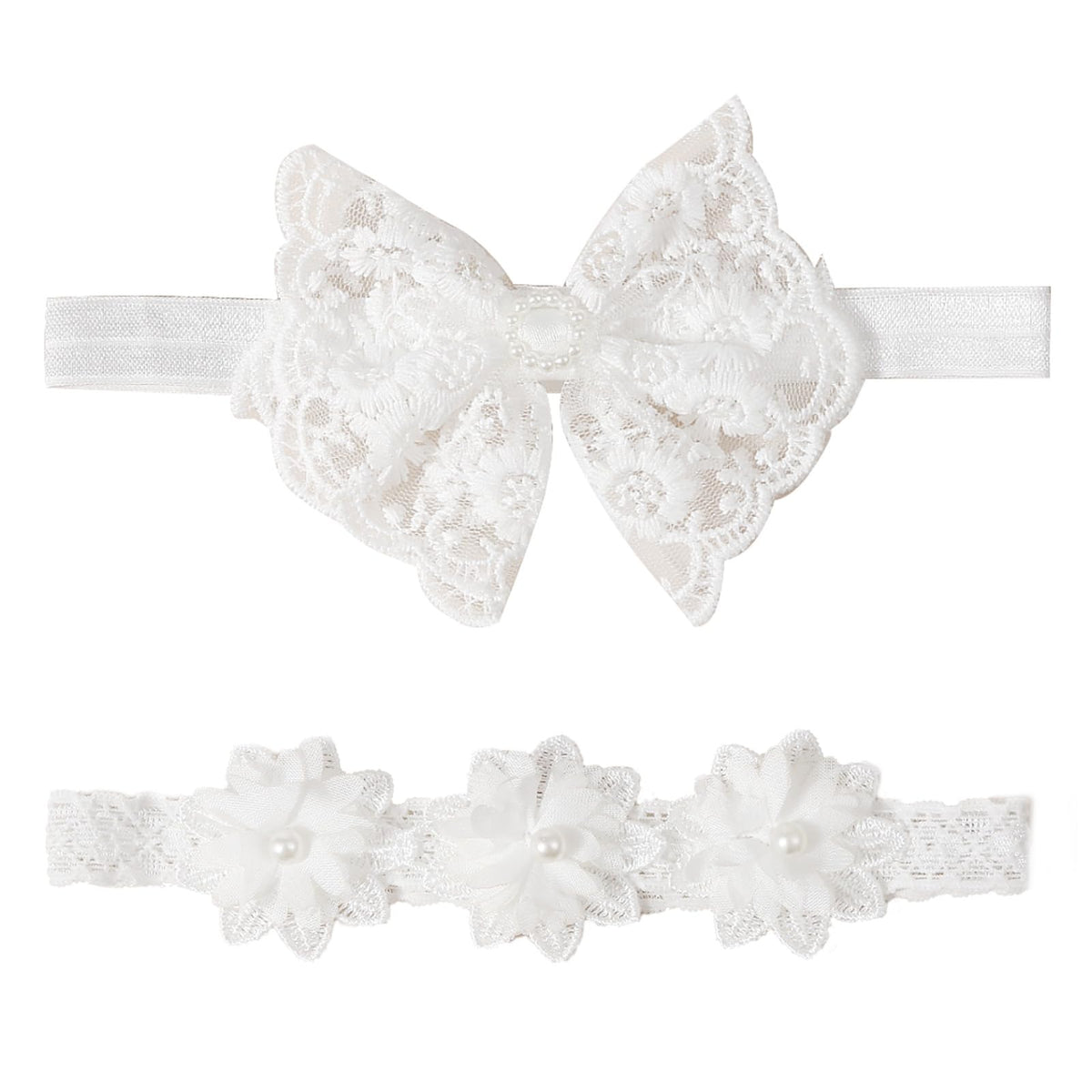 Jawfait baby headband with white flowers, gentle stretch for all-day comfort at christenings.
