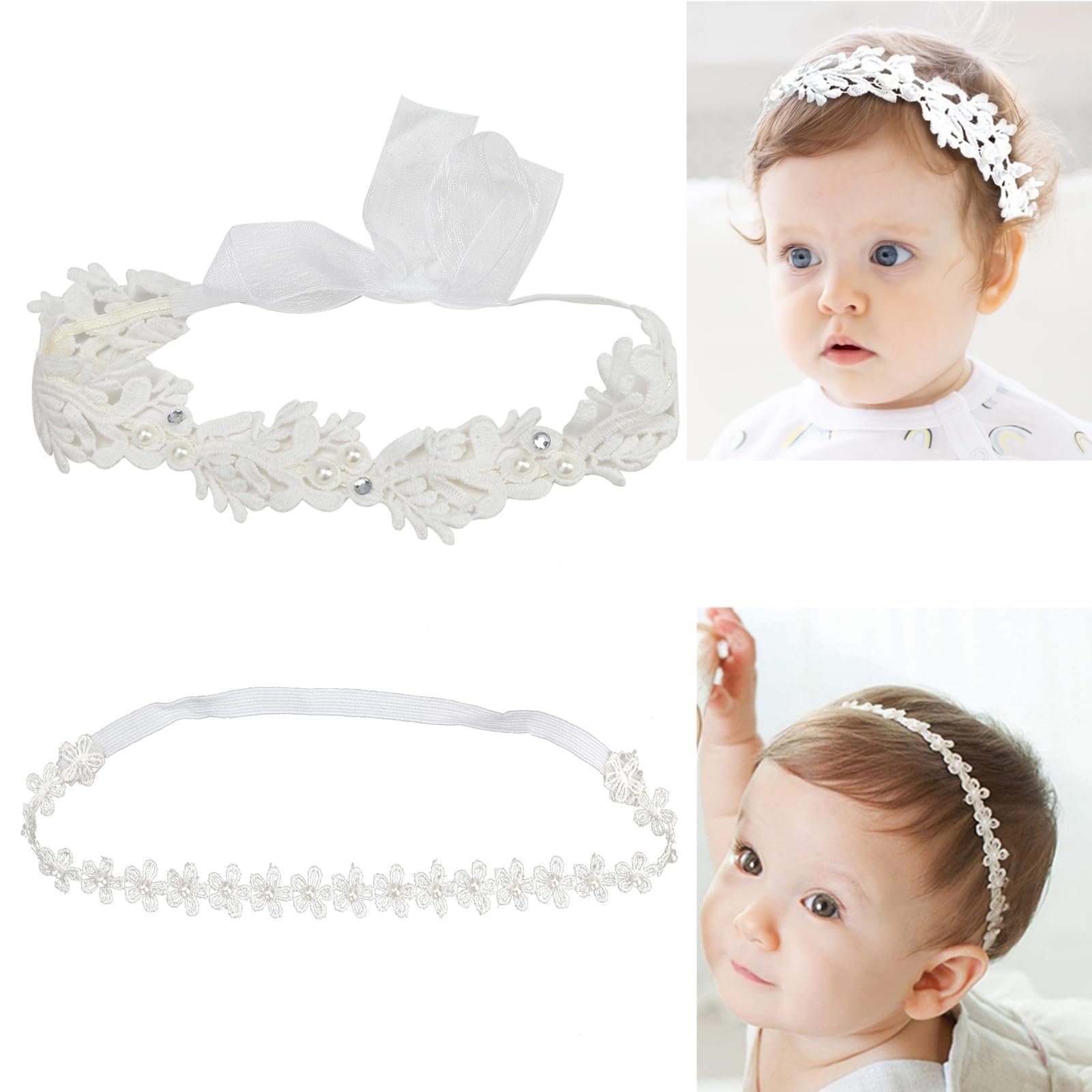Jawfait Elegant White Flower Headband closeup with lace and pearls for gentle wear