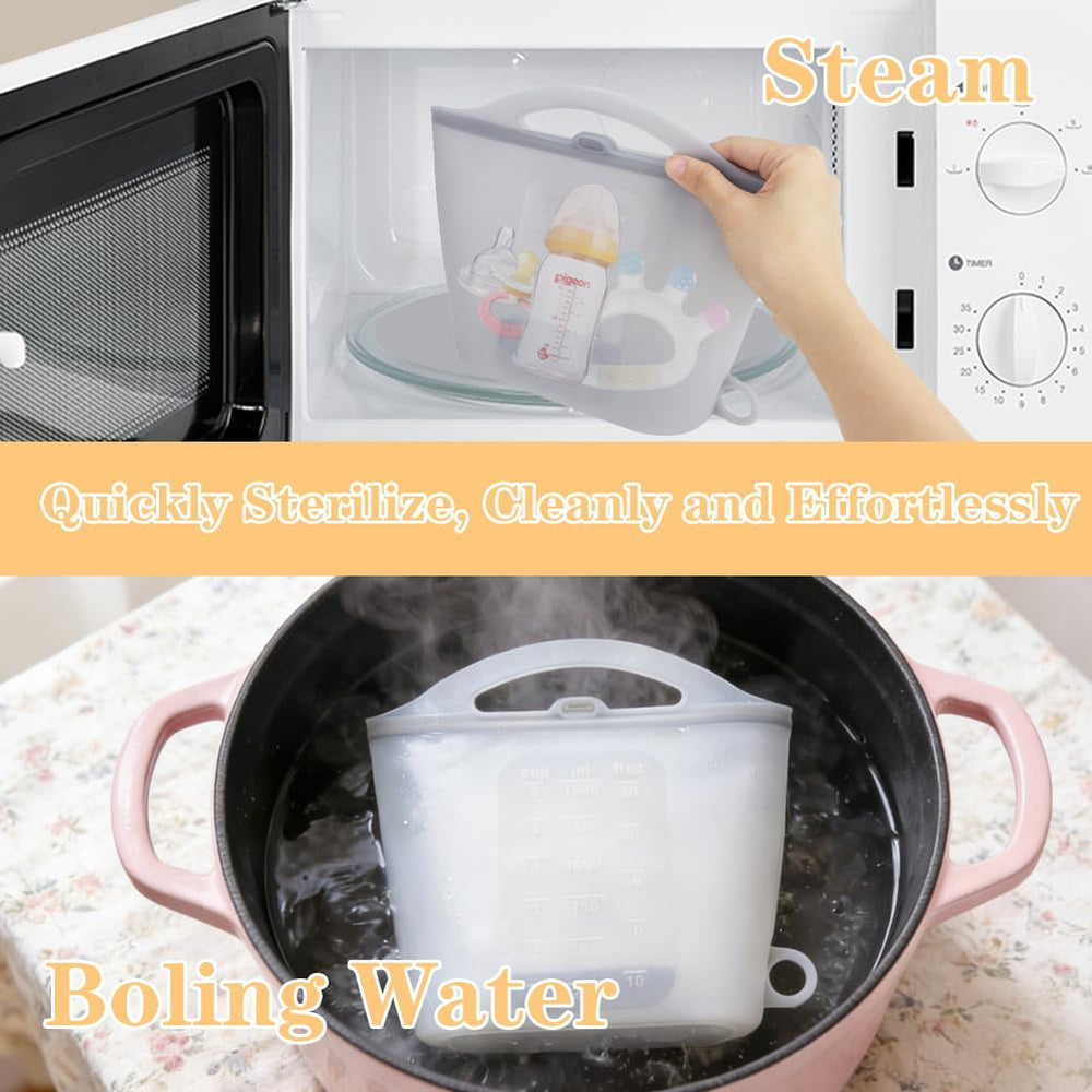 Jaxbo steam bag for breast pump parts keeps pieces clean during travel.