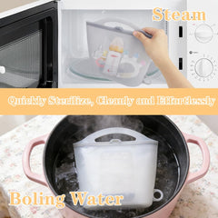 Jaxbo steam bag for breast pump parts keeps pieces clean during travel.