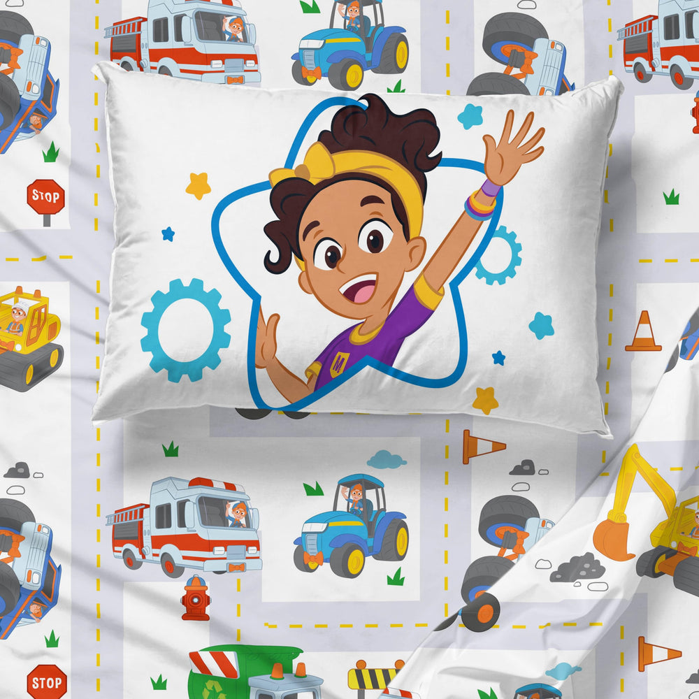 Jay Franco Blippi Meekah vibrant blue room decor with trucks.
