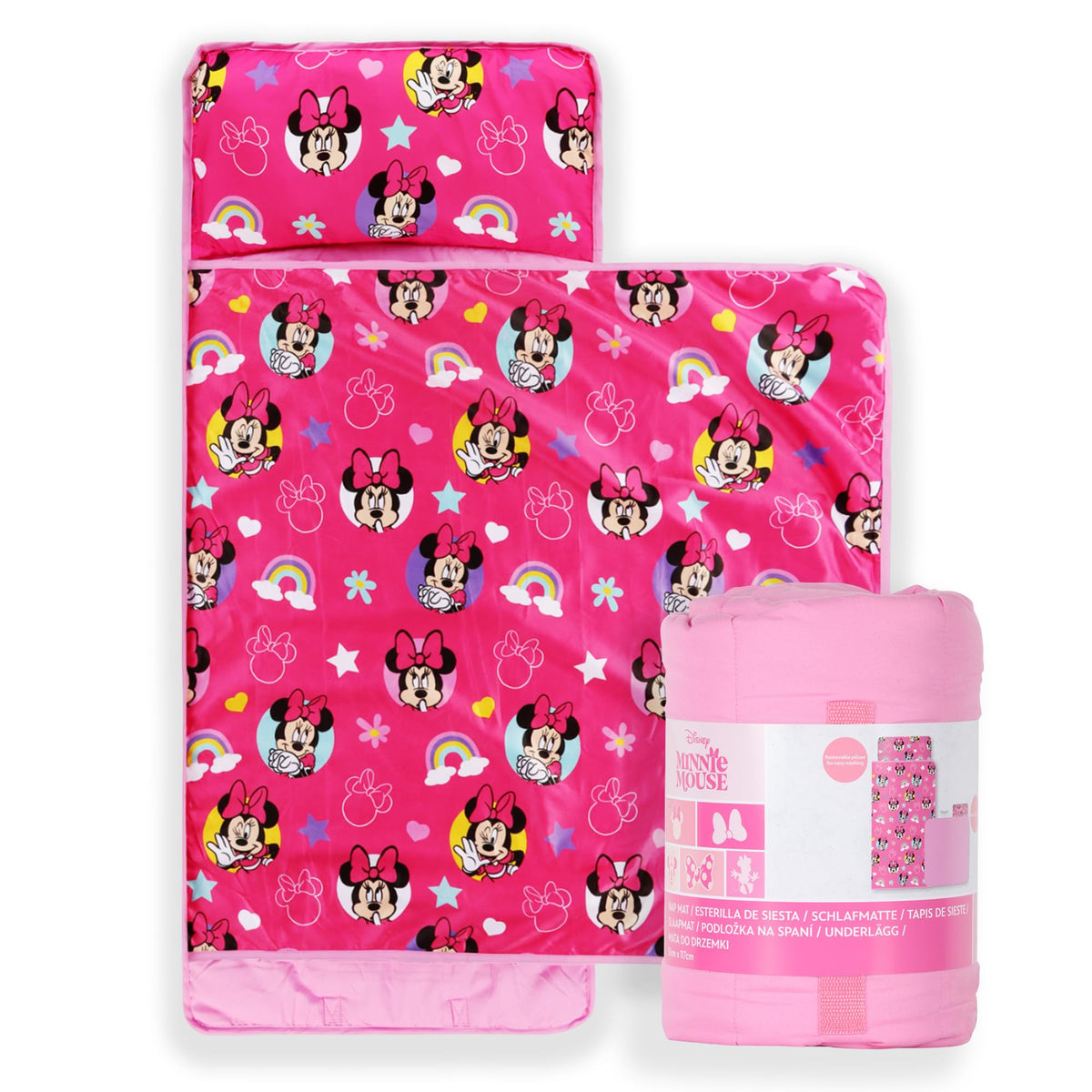 Jay Franco Minnie Mouse nap mat with built-in blanket for cozy preschool naps.