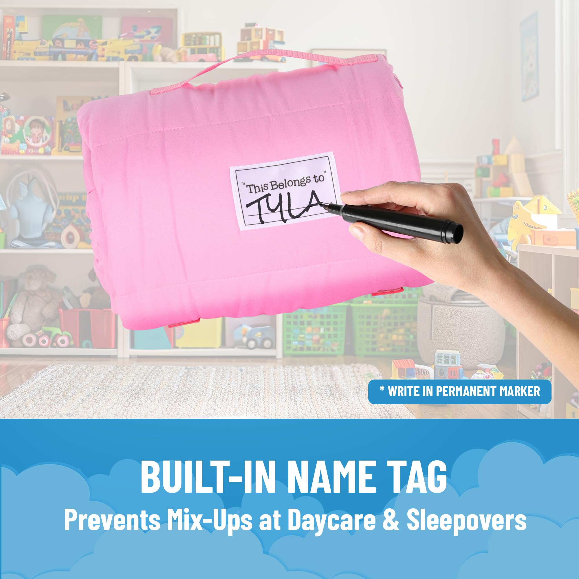 Name plaque on Minnie Mouse nap mat personalizes naptime and prevents mix-ups.