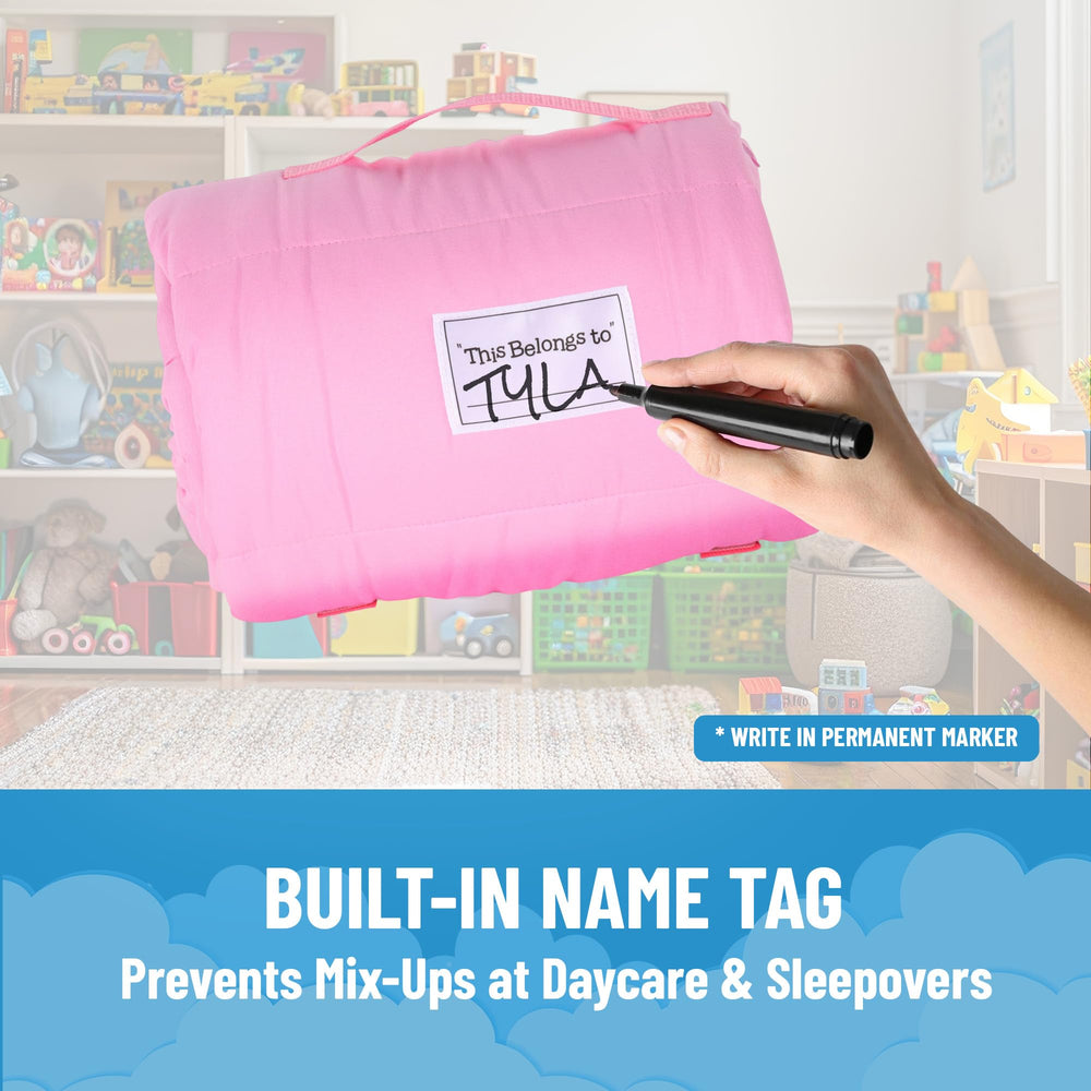Name plaque on Minnie Mouse nap mat personalizes naptime and prevents mix-ups.