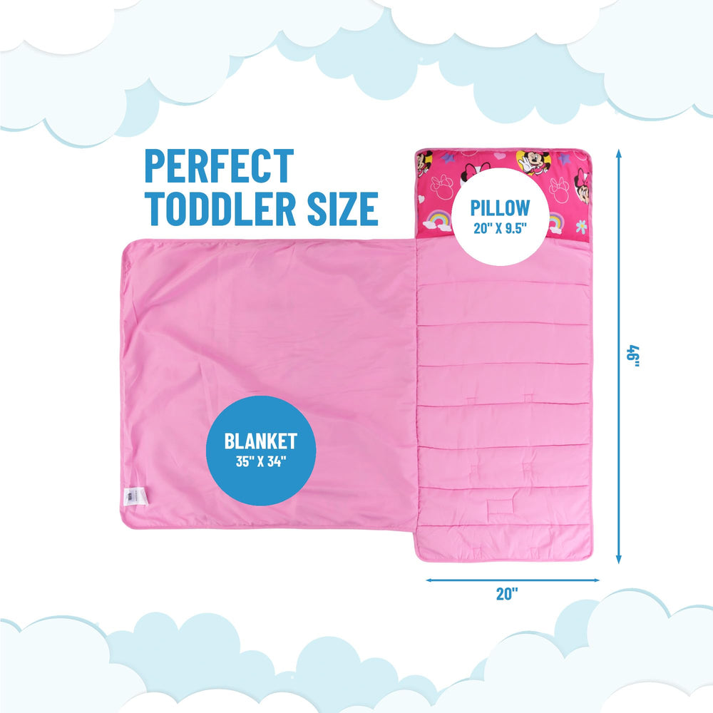 Minnie Mouse nap mat features removable pillow for easy cleaning and travel comfort.