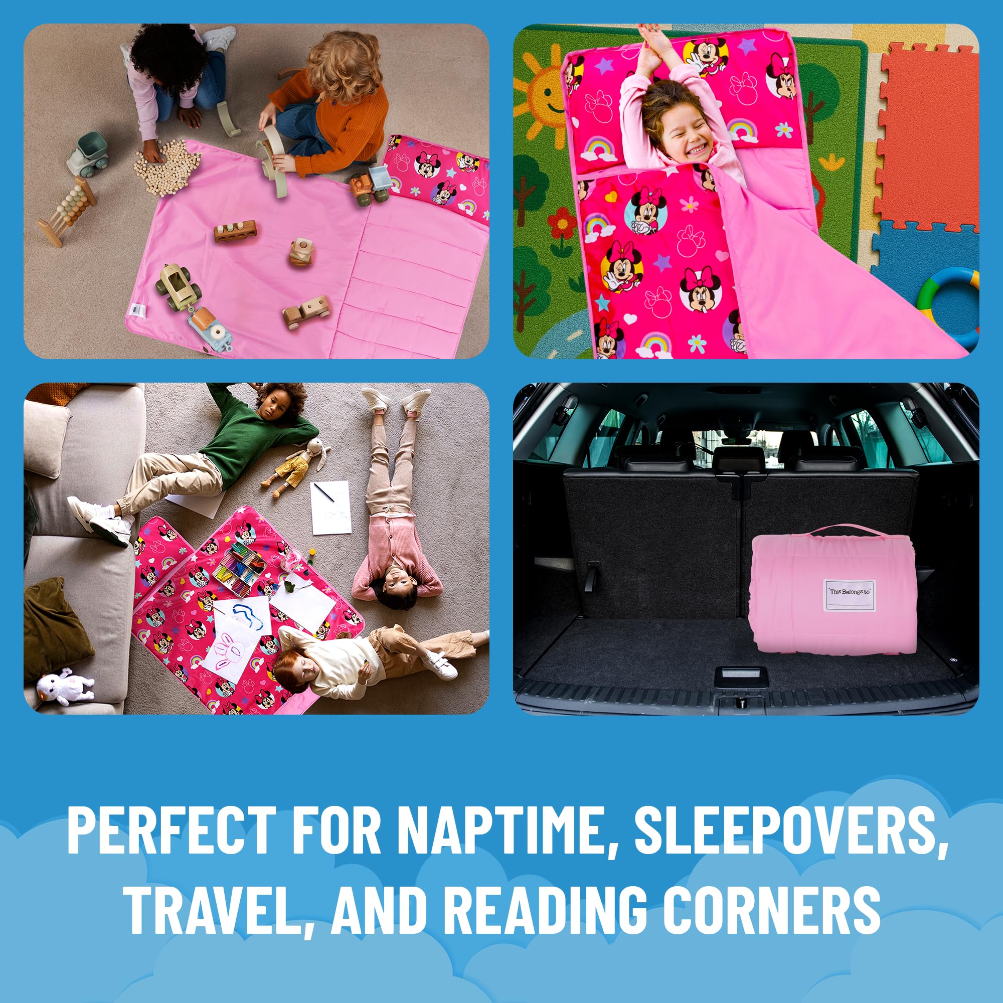 Minnie Mouse nap mat uses Velcro closure to stay secure safely.