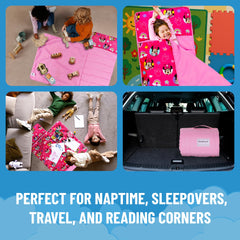 Minnie Mouse nap mat uses Velcro closure to stay secure safely.