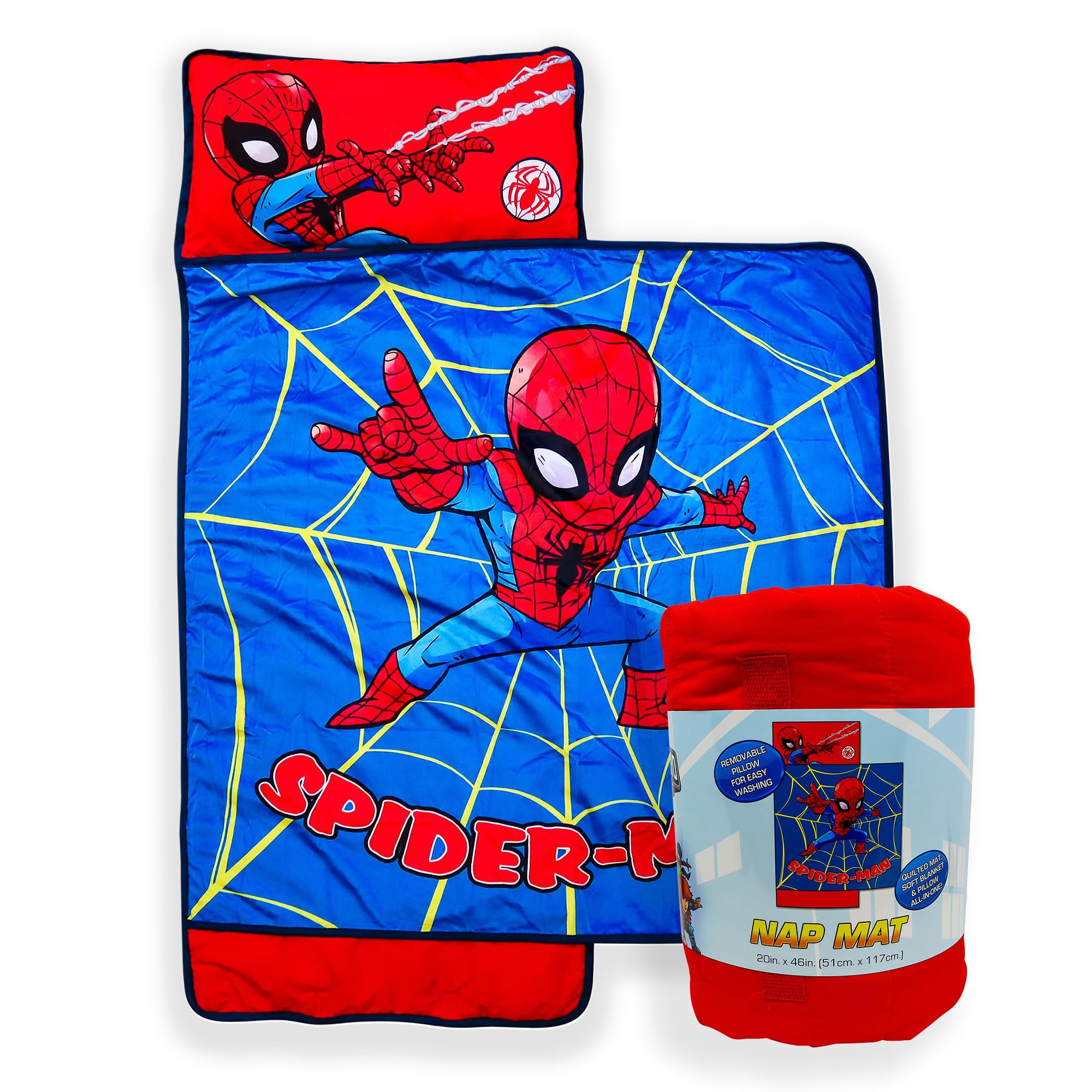 Jay Franco Spiderman nap mat with embedded pillow for plush built-in comfort.