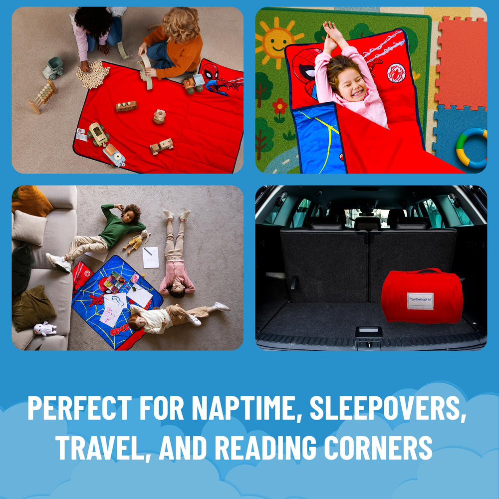 Spiderman nap mat rolled for compact transport by kids.
