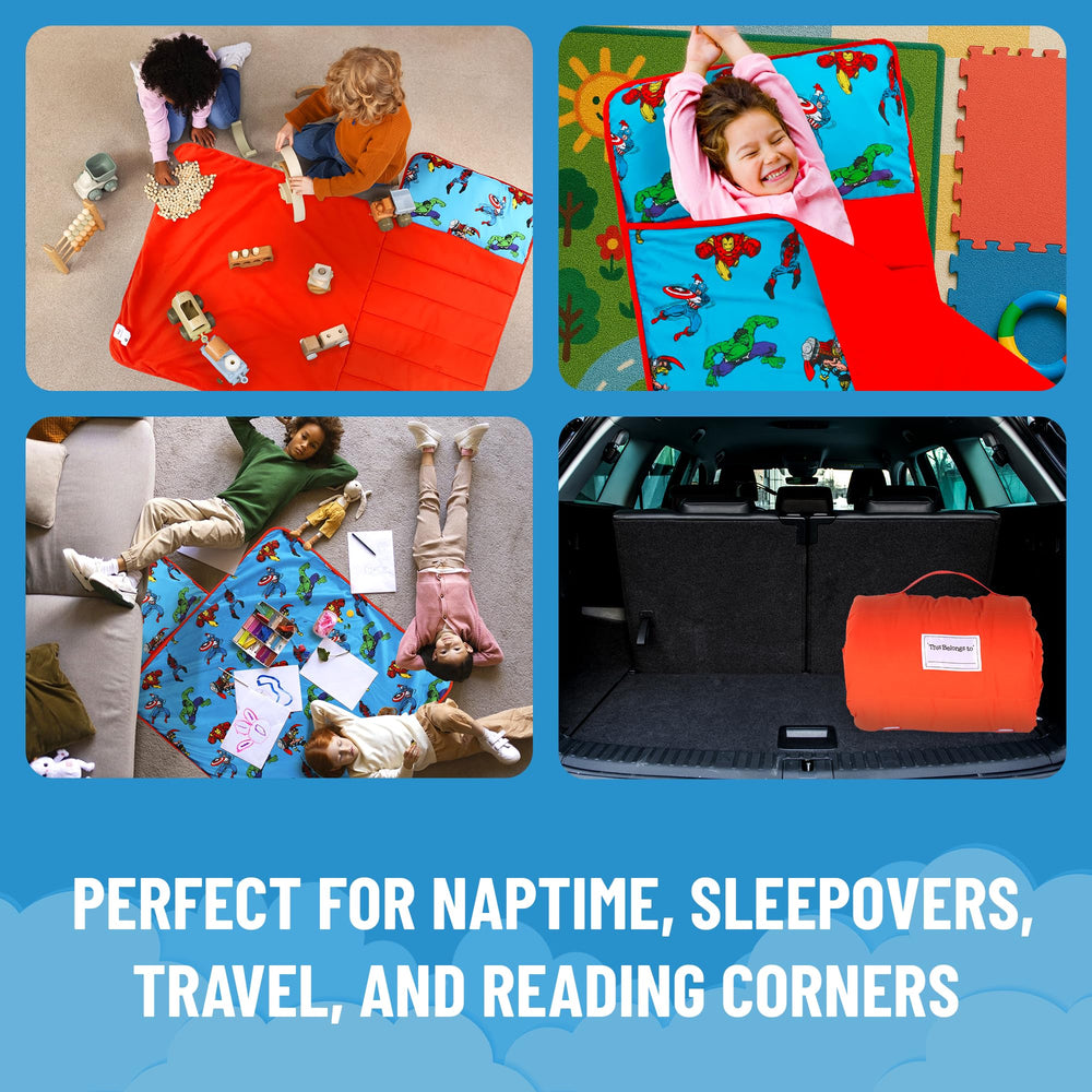 Marvel nap mat with removable pillow in blue for easy cleaning