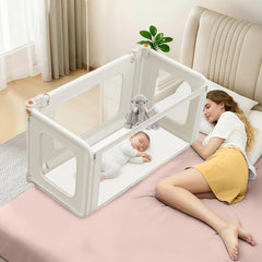 JAZSH 3-in-1 bedside bassinet with mosquito net in beige for insect-free sleep beside you.