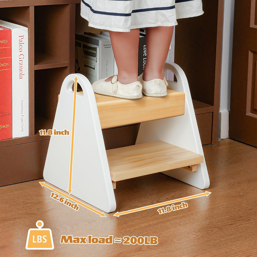Jcmairui toddler stool with handles demonstrates stable grip for independent bathroom access.