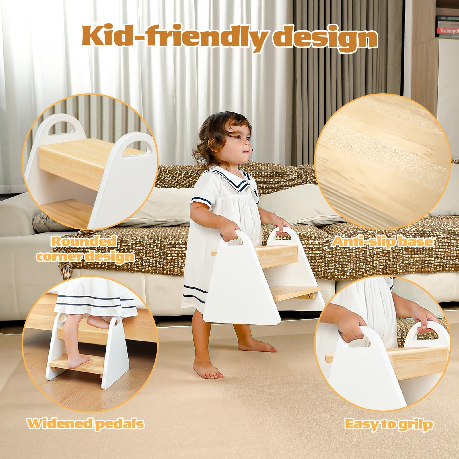 Jcmairui toddler stool beside sink enables hand washing and grooming.
