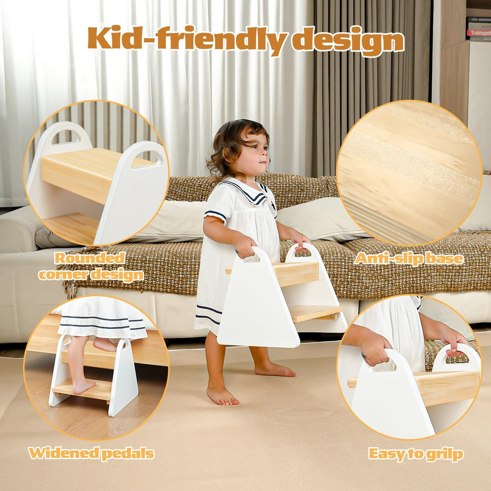 Jcmairui toddler stool beside sink enables hand washing and grooming.