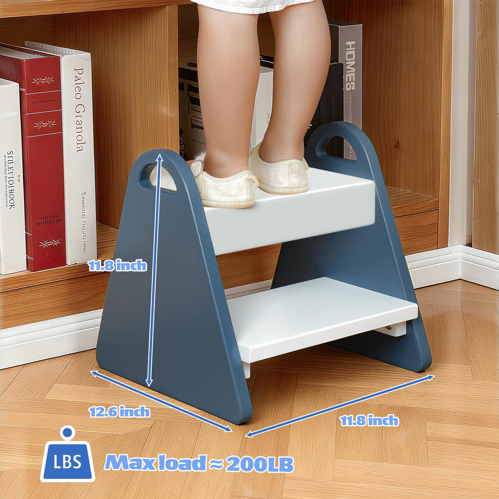 Jcmairui wooden step stool in fresh blue helps kids reach the sink confidently.