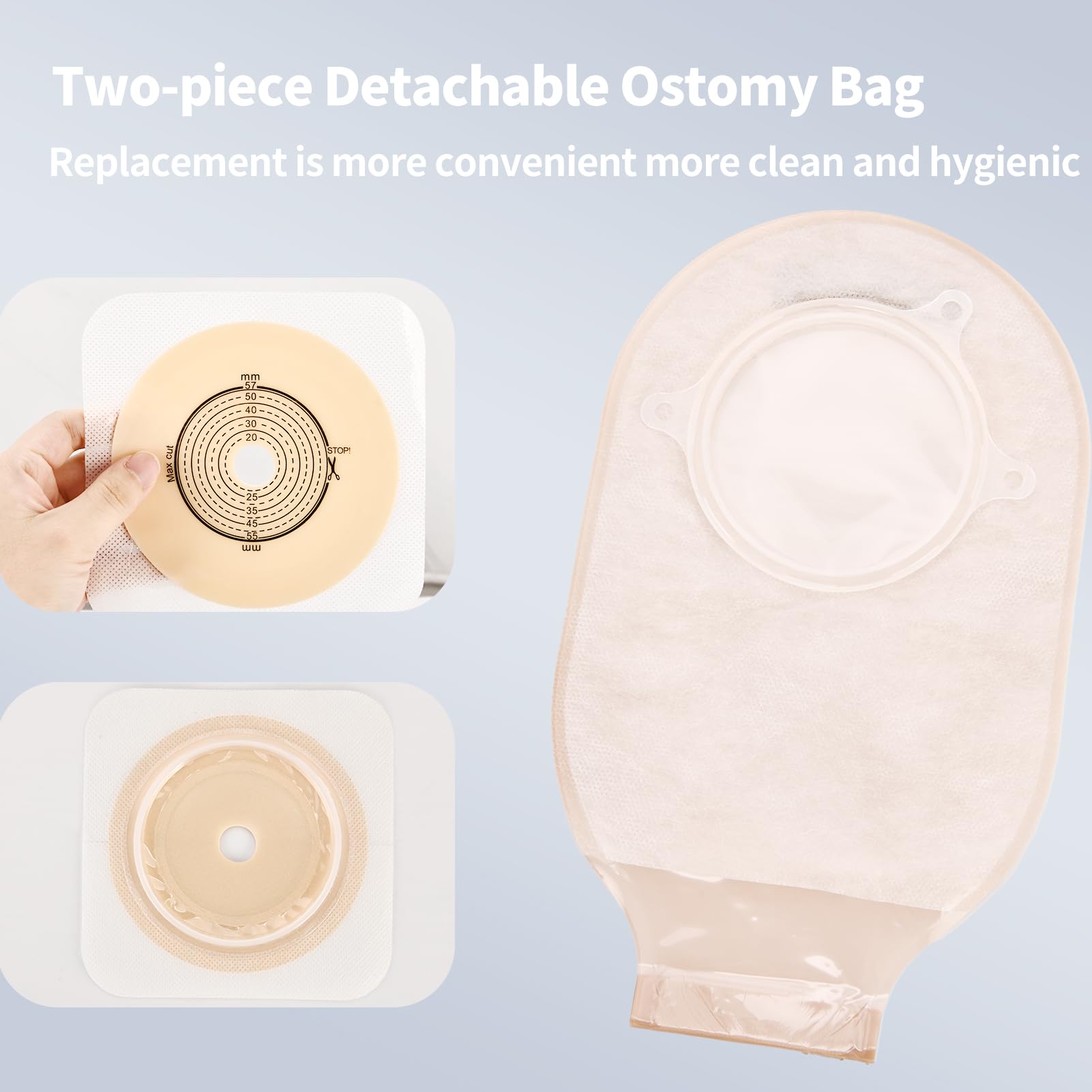 Jctracy cut-to-fit barrier with measurement chart for precise stoma sizing.