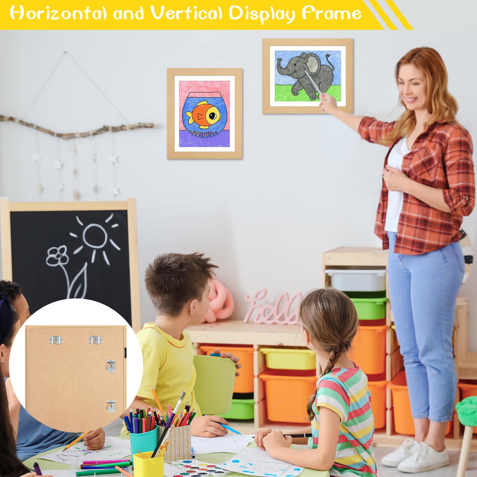 JDZIVTOP 3Pack Kids Art Frames Woodgrain front-opening design enables easy artwork changes.