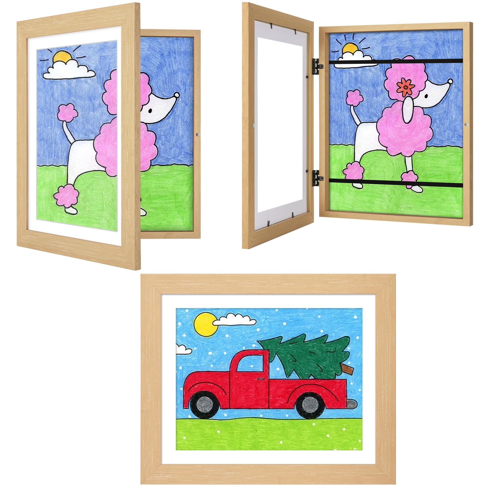 JDZIVTOP 3Pack Kids Art Frames Woodgrain front view shows quick art swaps.