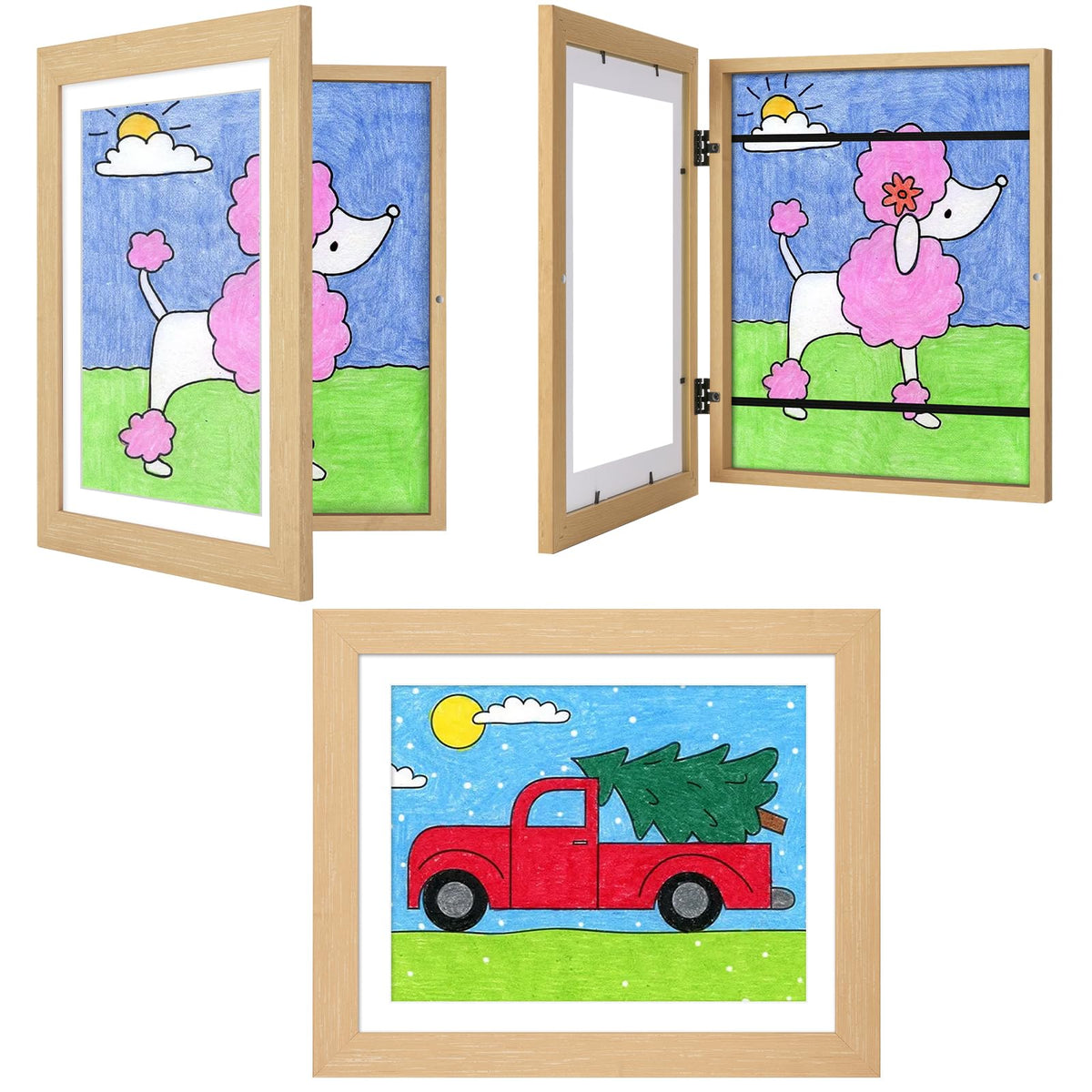 JDZIVTOP 3Pack Kids Art Frames Woodgrain front view shows quick art swaps.