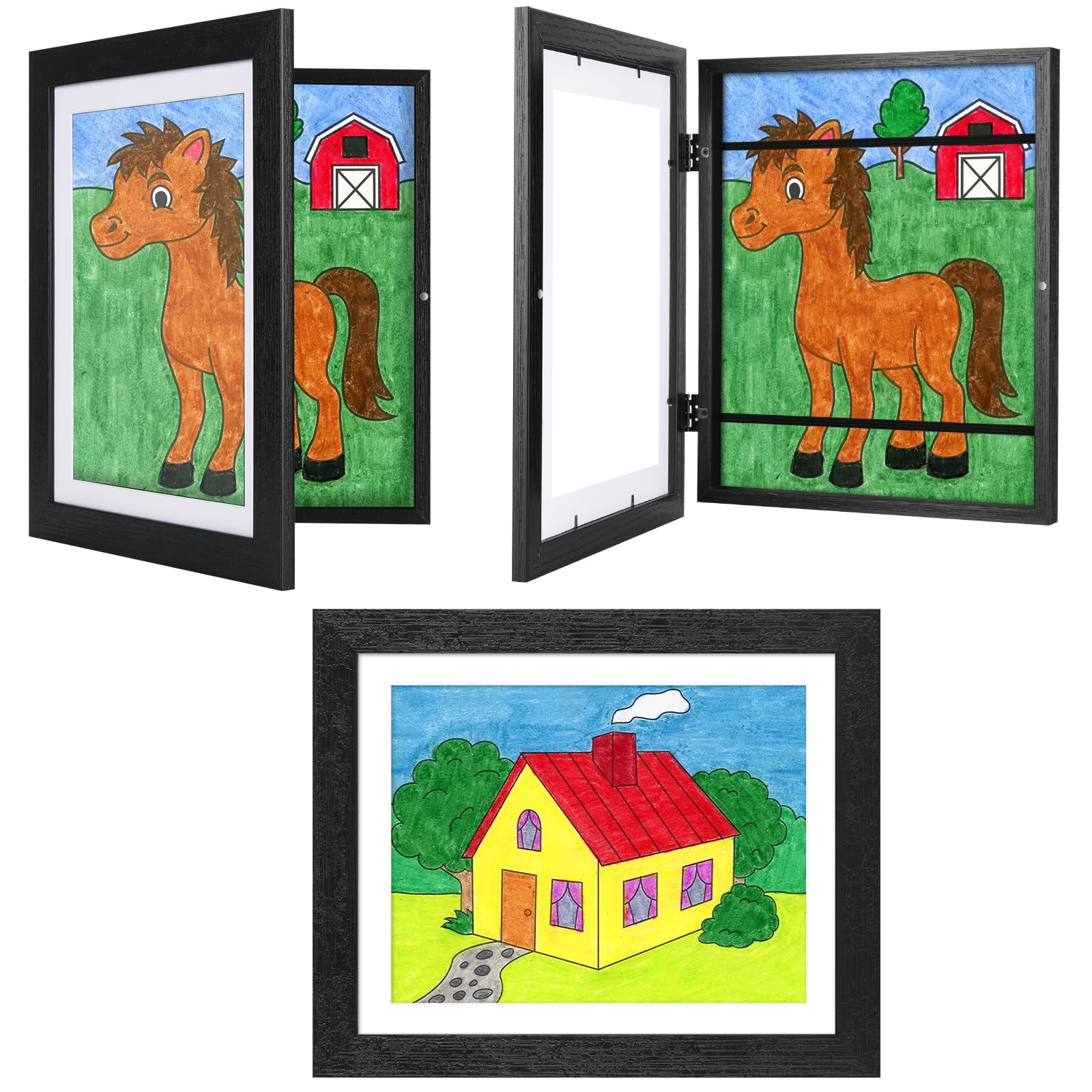 JDZIVTOP kids art frame 3-pack in black woodgrain with front opening for easy art rotation.