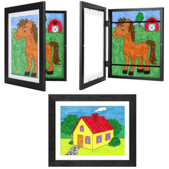 JDZIVTOP kids art frame 3-pack in black woodgrain with front opening for easy art rotation.