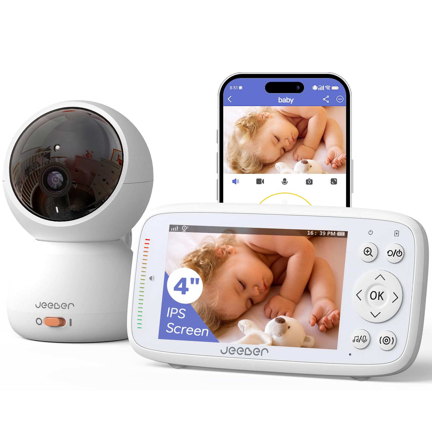 jeeber baby monitor with 4-inch screen for dual viewing at home or on the go.