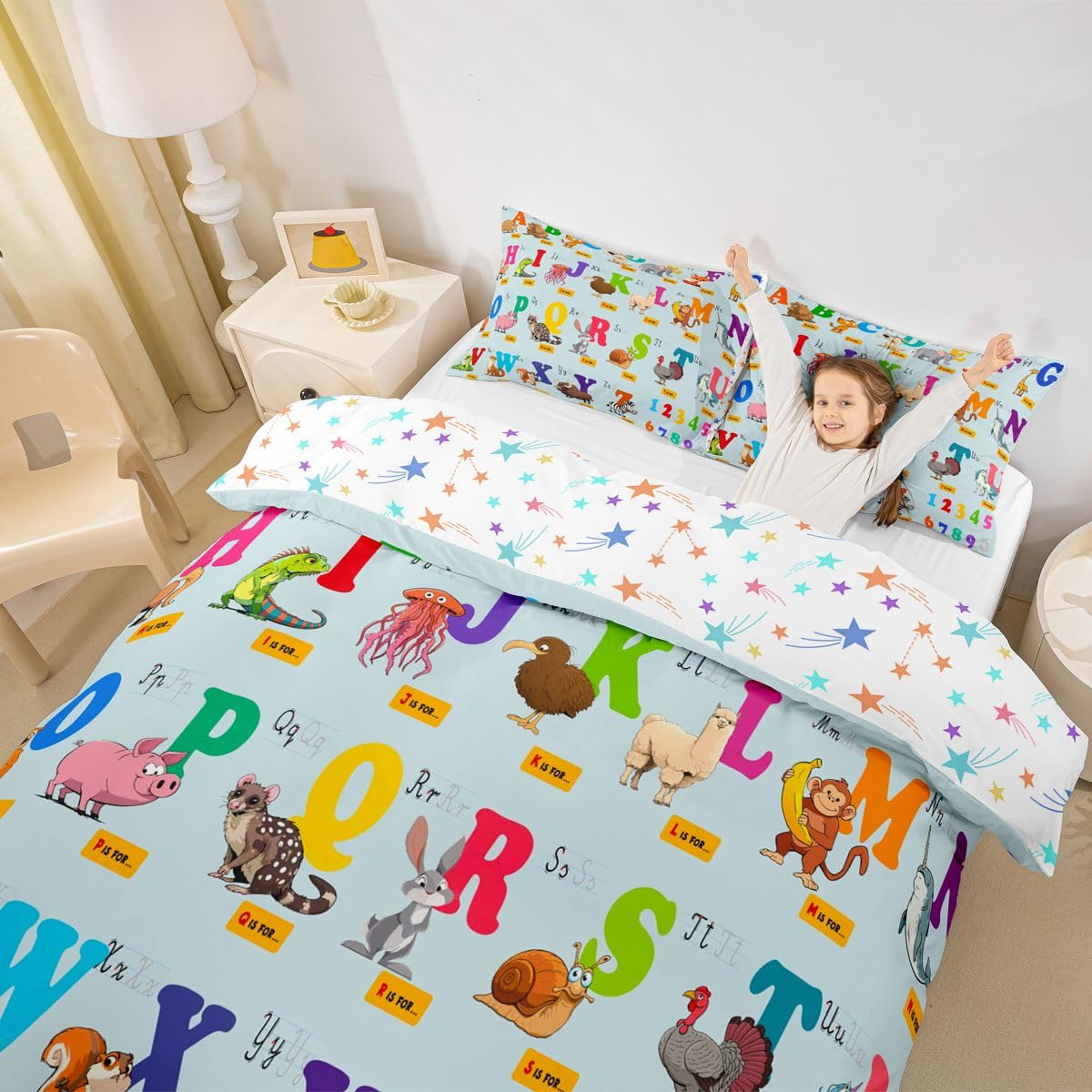 Jejeloiu kids bedroom decor option featuring cute animal motif bedding.