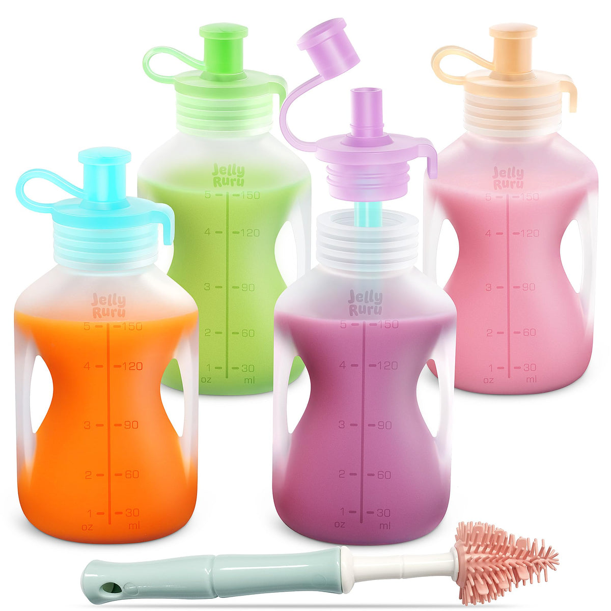 Jelly Ruru silicone reusable baby pouches front view showing portable design for homemade purees