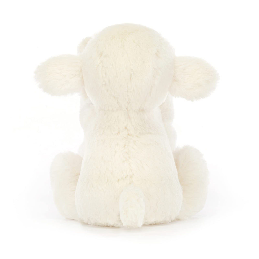 Jellycat Bashful Lamb Soother attached square soother visible for easy reach during naps.