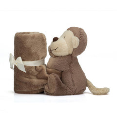 Jellycat Bashful Monkey Soother attached square soother provides secure comfort.