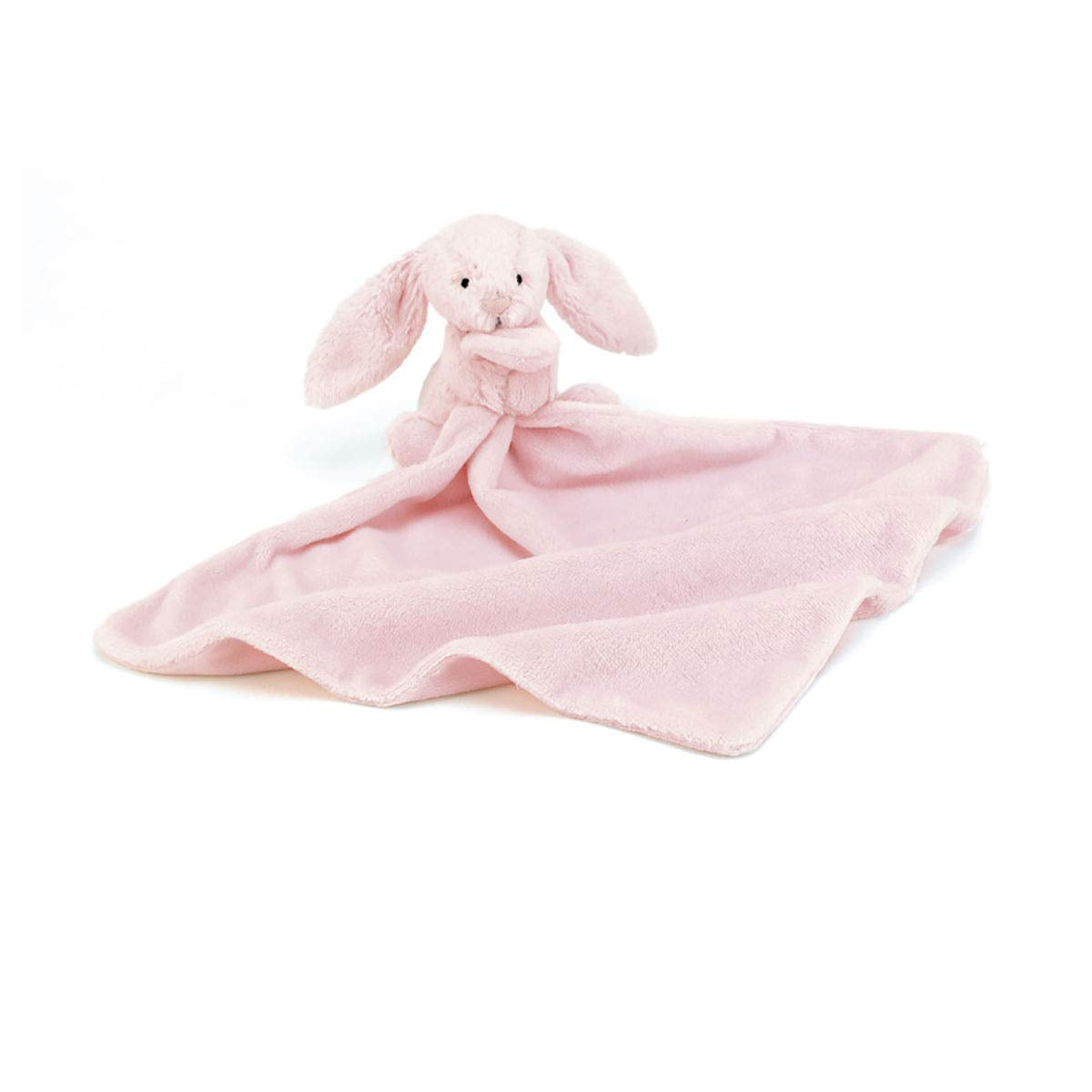 Jellycat Bashful Pink Bunny Soother front view, cozy cuddle companion for bedtime routines