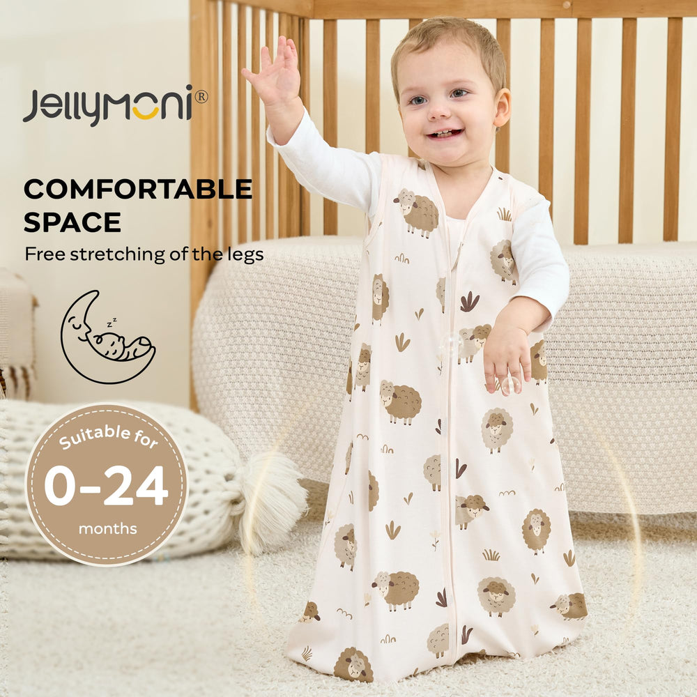 JELLYMONI sleep sack worn by infant demonstrating roomy hip space