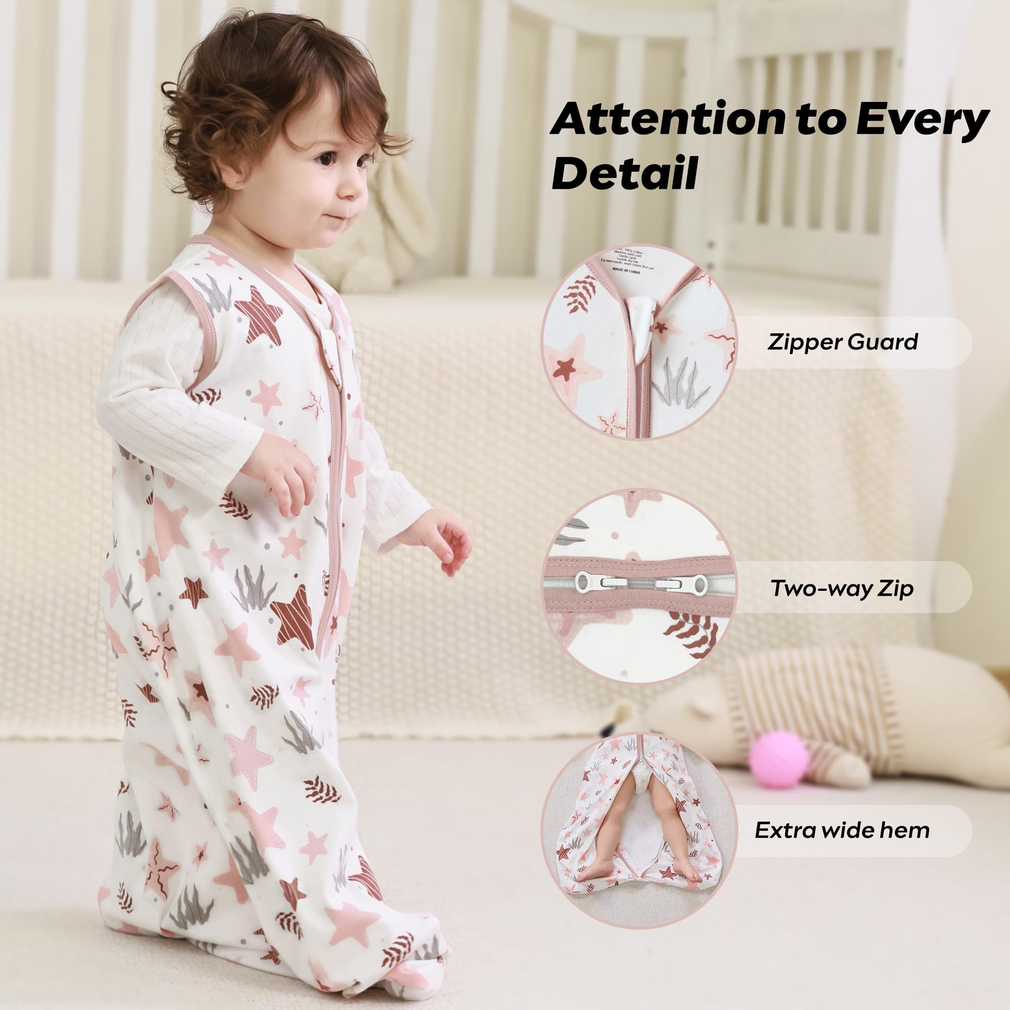 Jellymoni sleep sack top zipper for easy dressing and access.