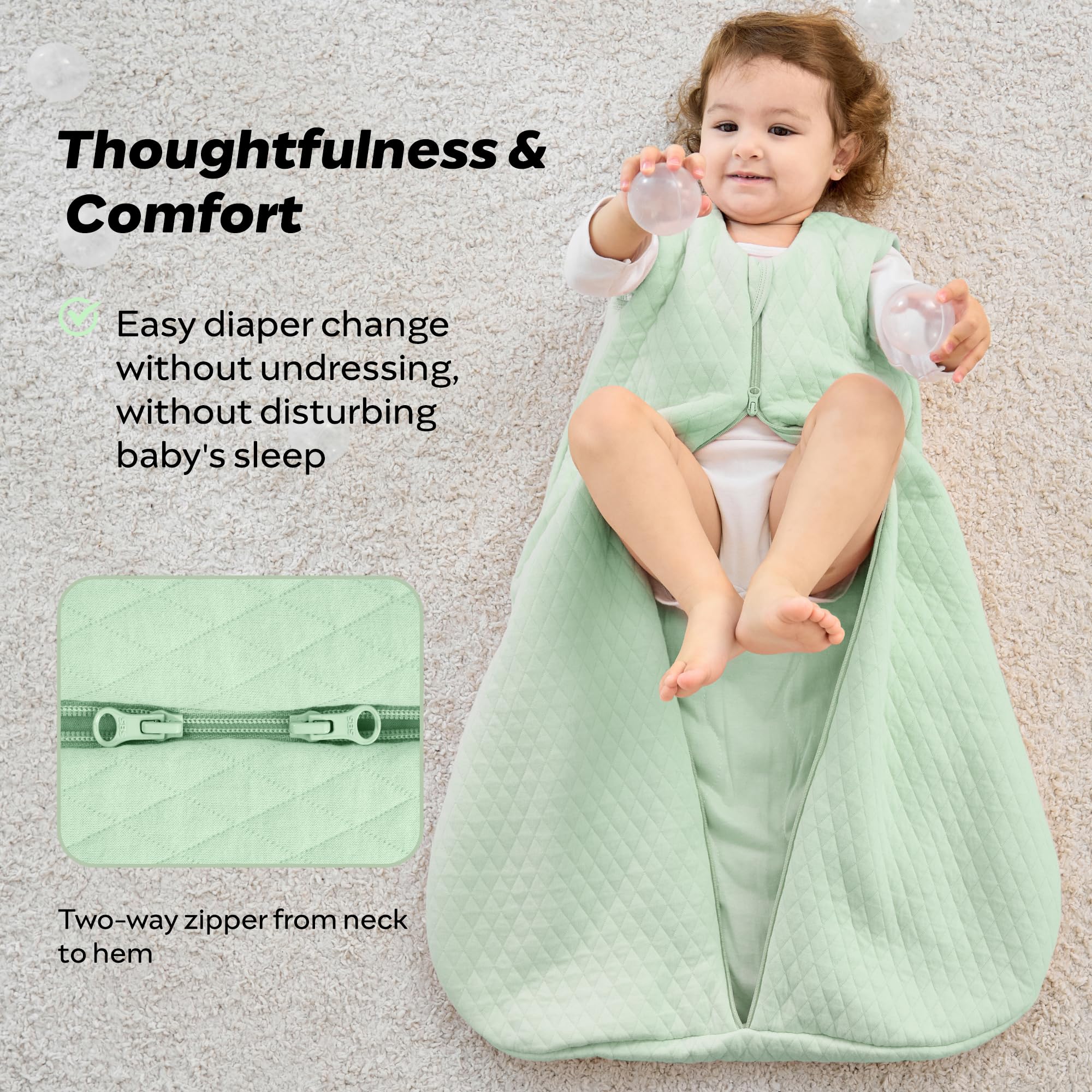 Two-way zipper on Jellymoni sleepsack eases night diaper changes.