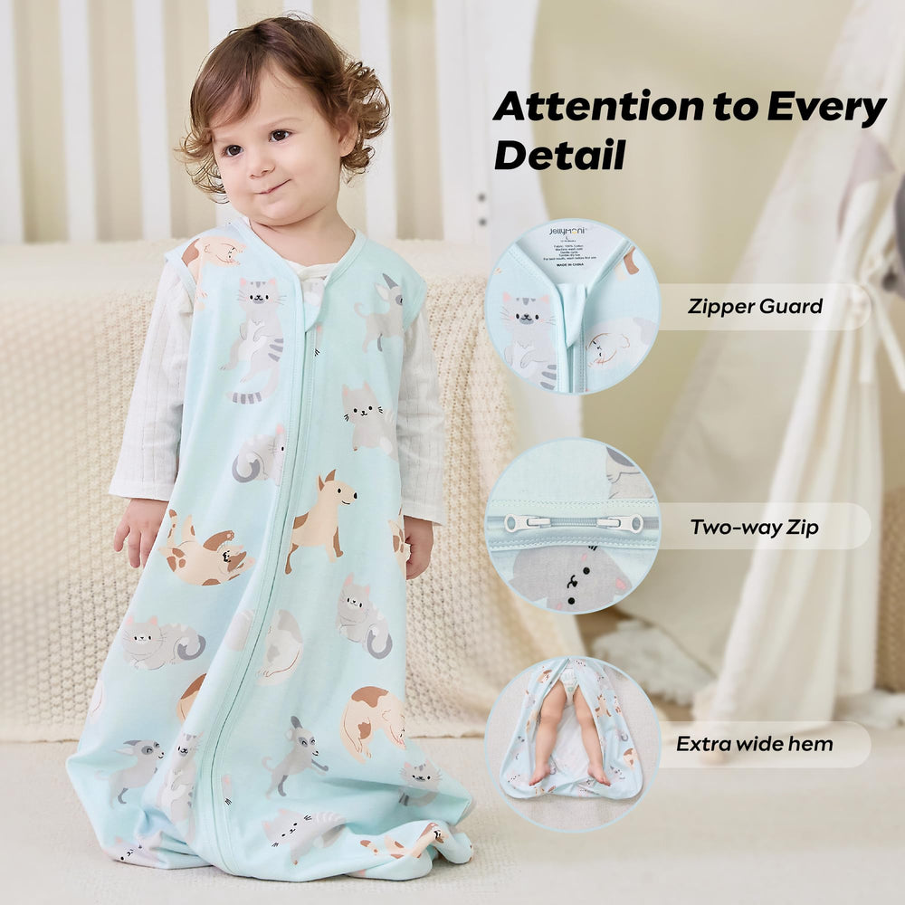 JELLYMONI sleep sack worn by infant illustrating hip-friendly fit for movement
