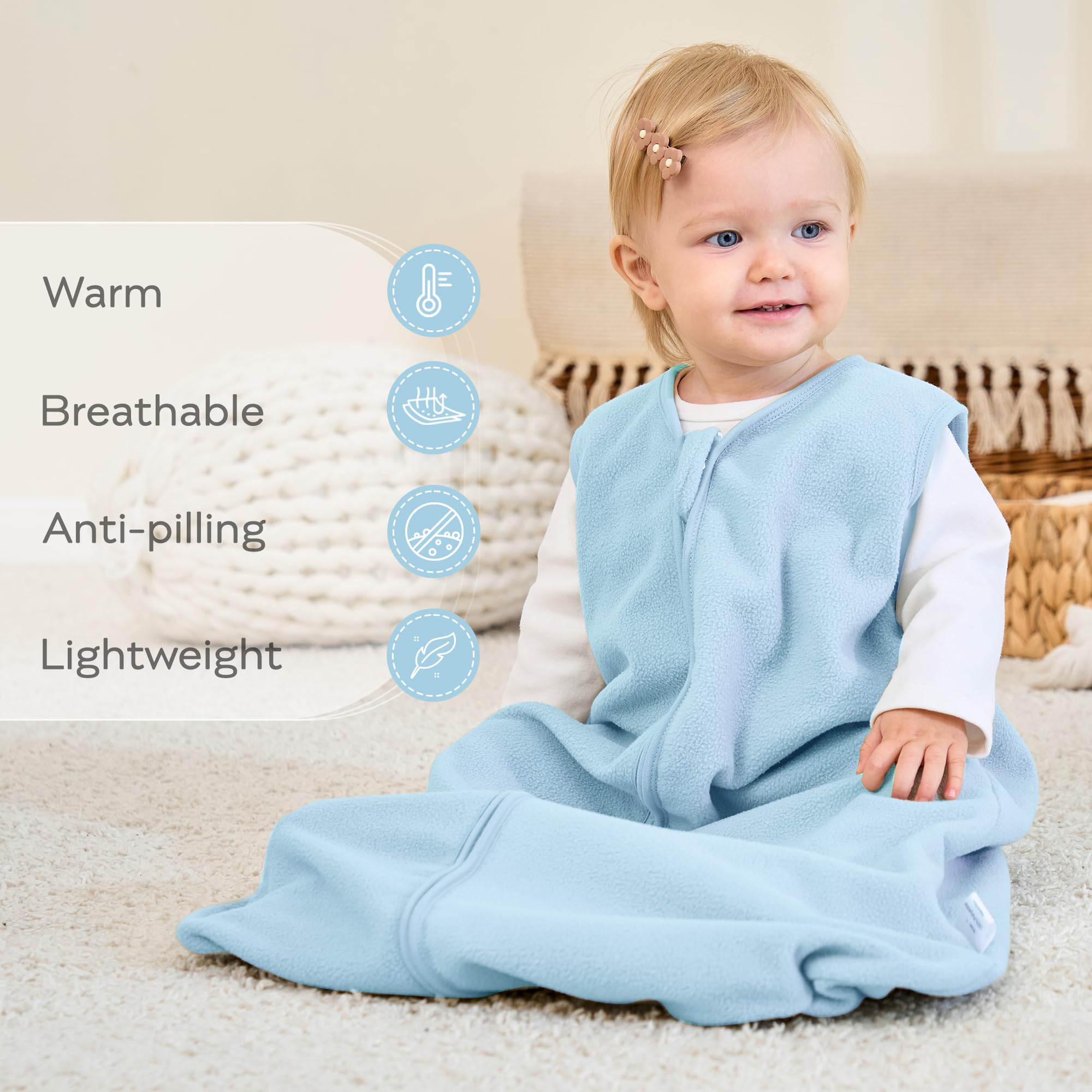 JELLYMONI sleep sack with dual zipper enables easy nighttime changes.