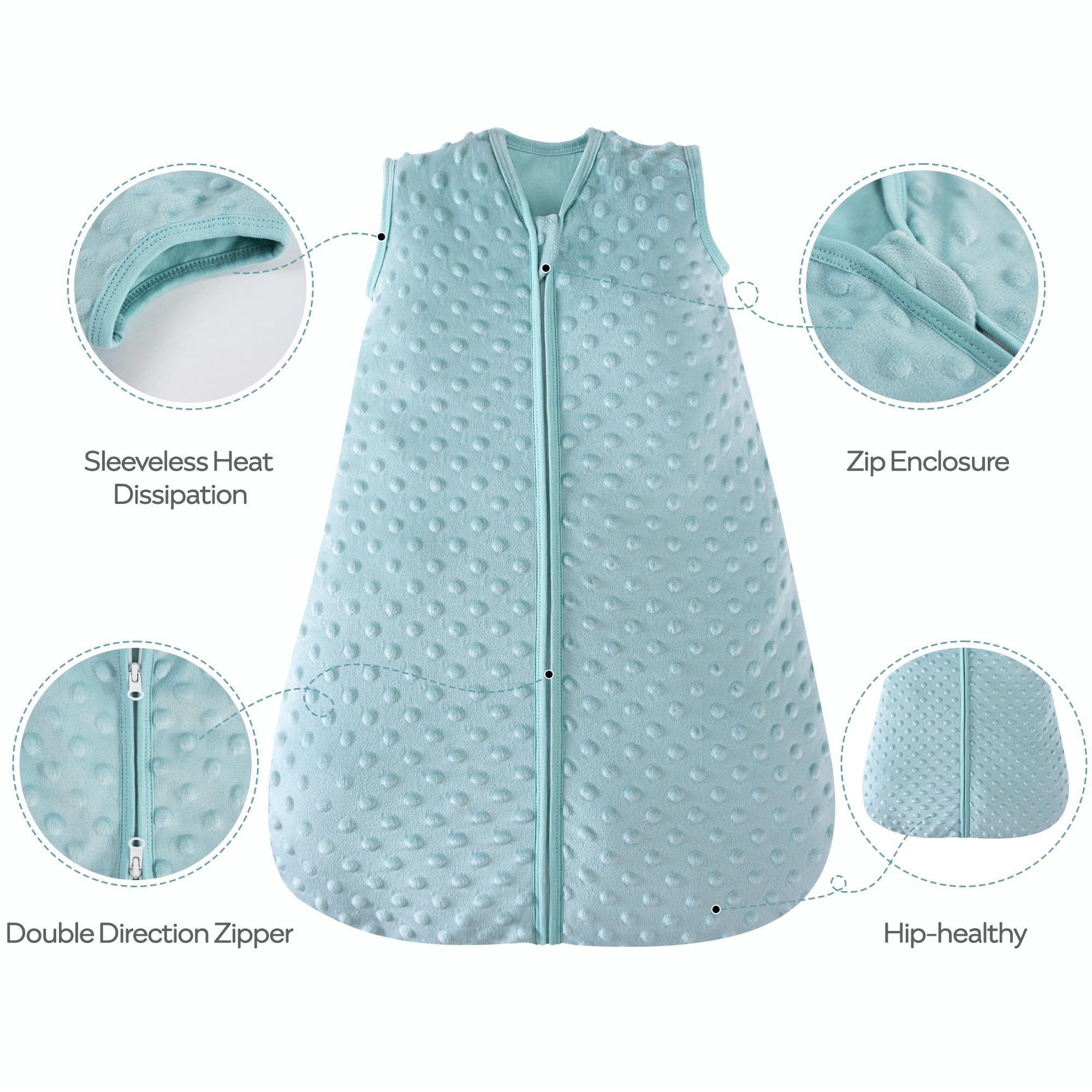 JellyMoni fleece sleep sack hip room view; supports natural leg movement.