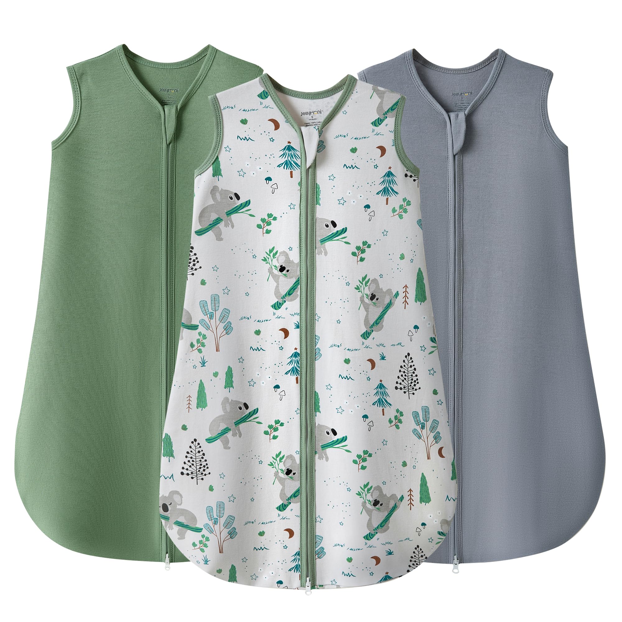 JELLYMONI sleep sack fabric close-up shows breathable 100% cotton for gentle comfort.