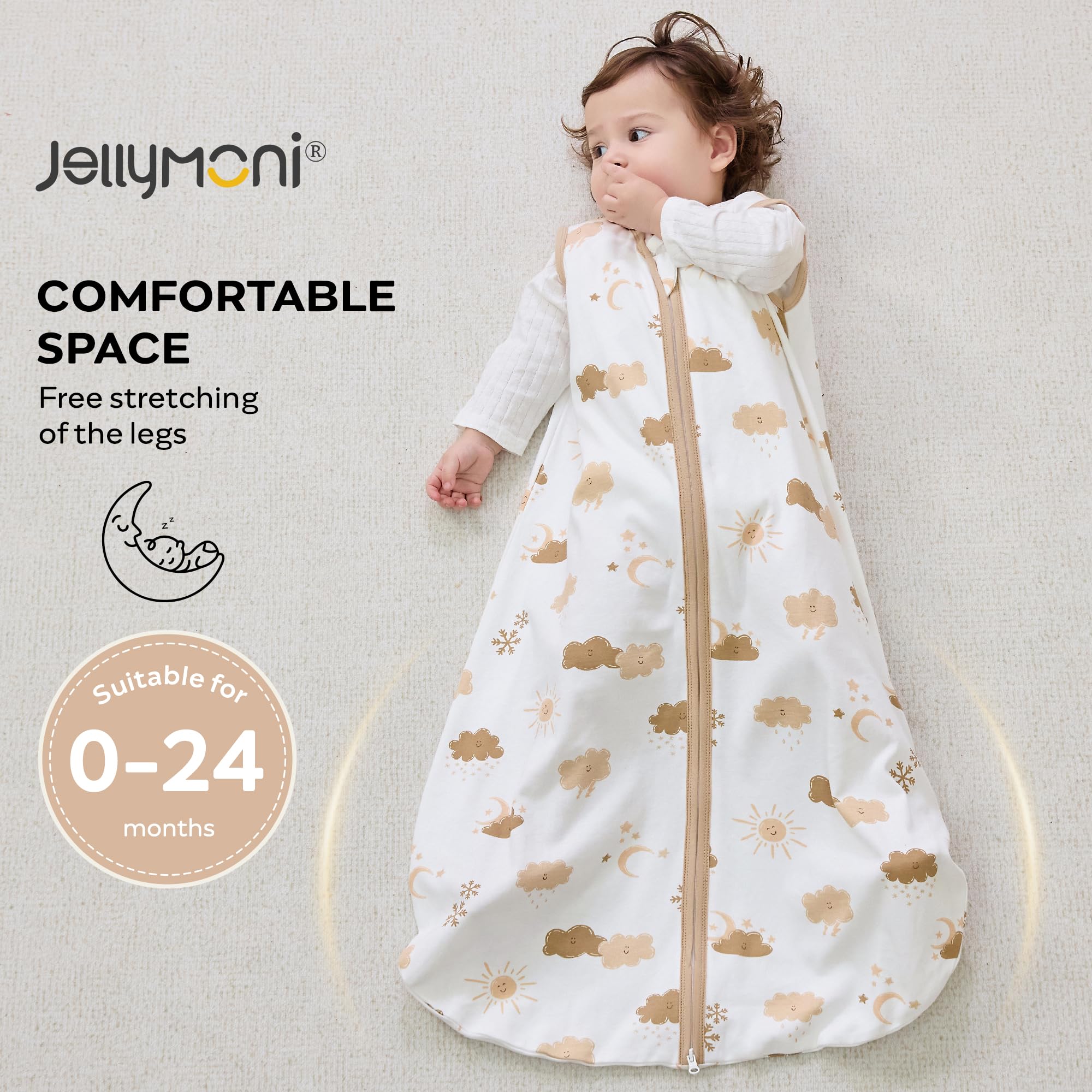 Jellymoni Sleep Sack worn by baby shows comfortable mobility for hips